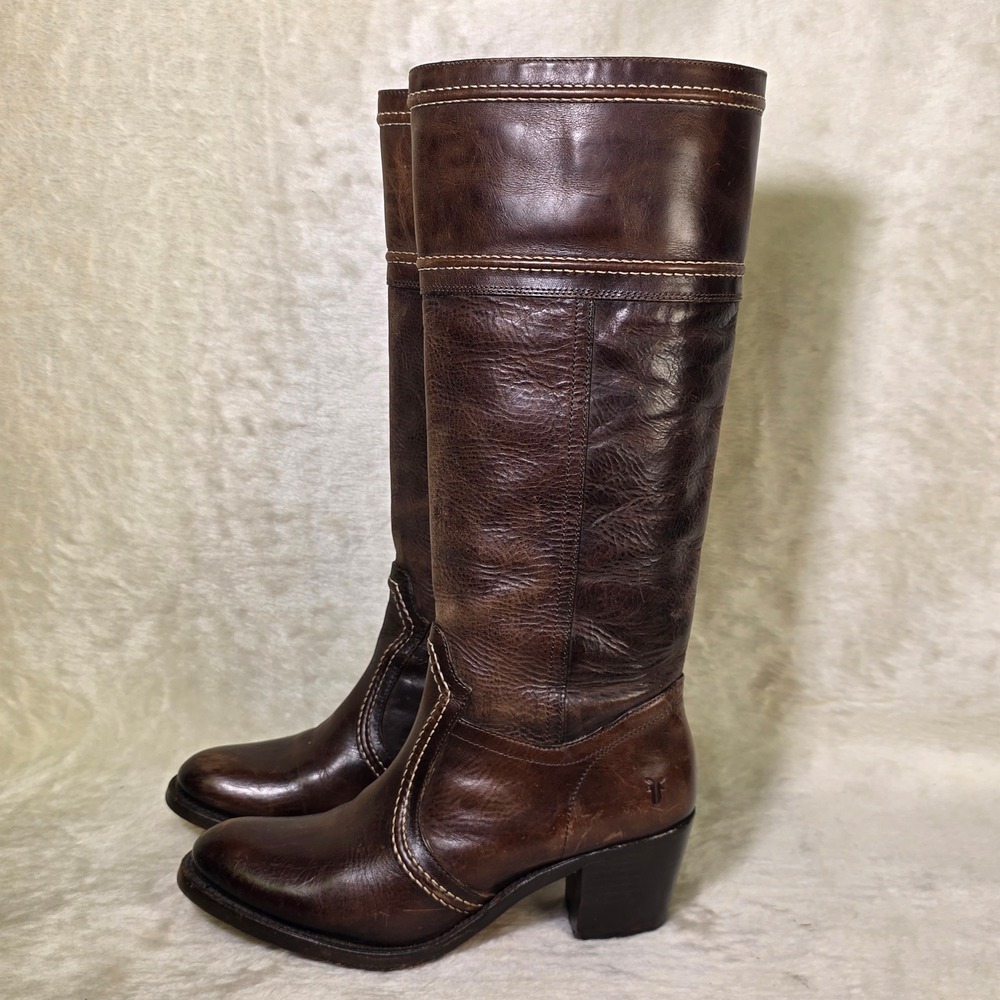 Frye Jane Tall 14L Stitch Riding Boots Dark Brown Leather Block Heel Women 9.5 B